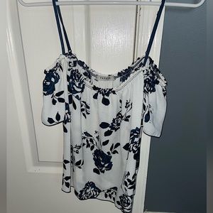 White and blue flower off the shoulder top